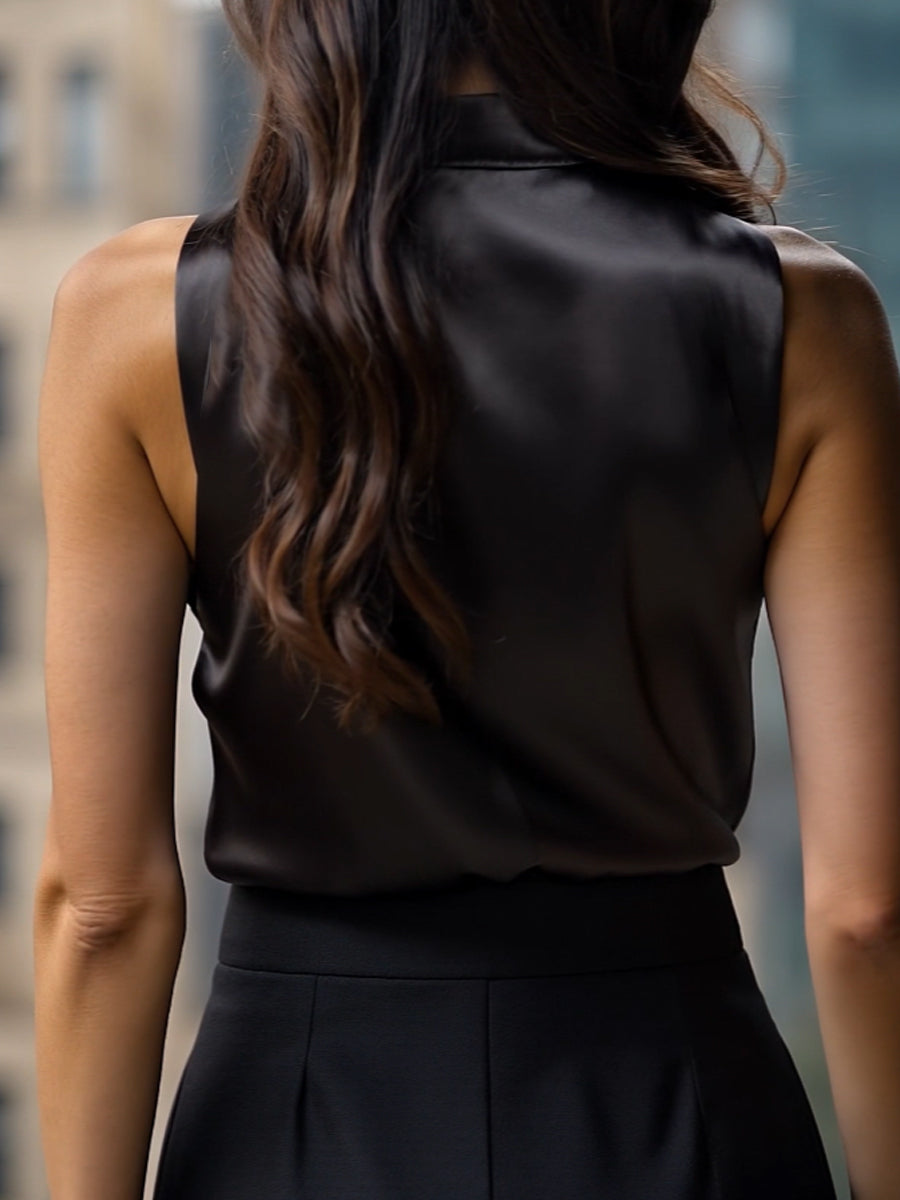 Black Satin High Neck Sleeveless Blouse