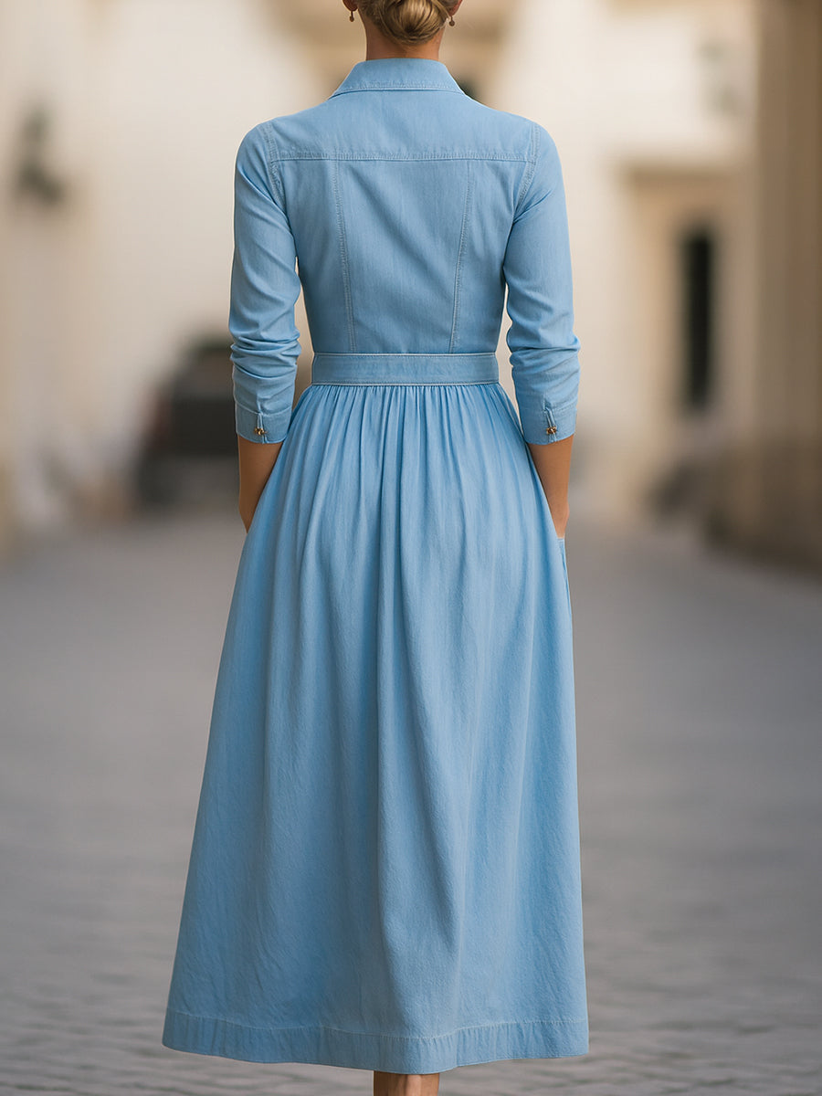Classic Belted Denim Shirt Dress With Full Skirt