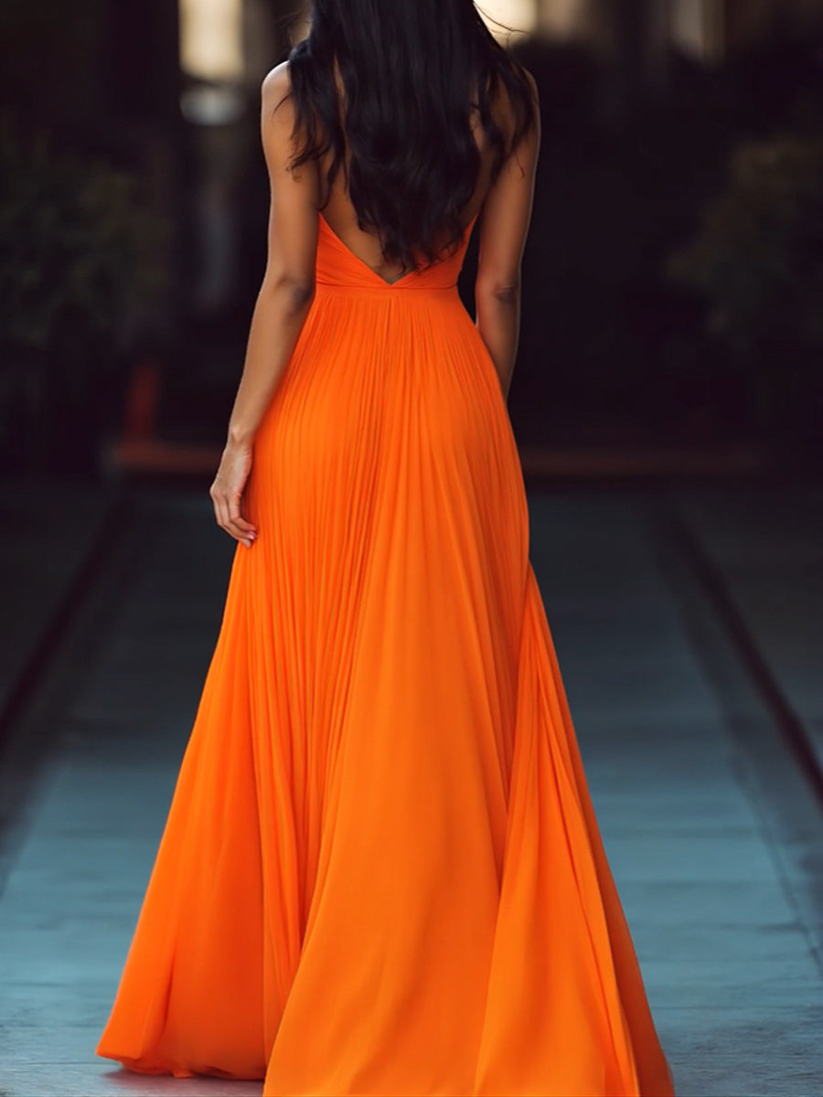 V-neck Halter Pleat Maxi Dress
