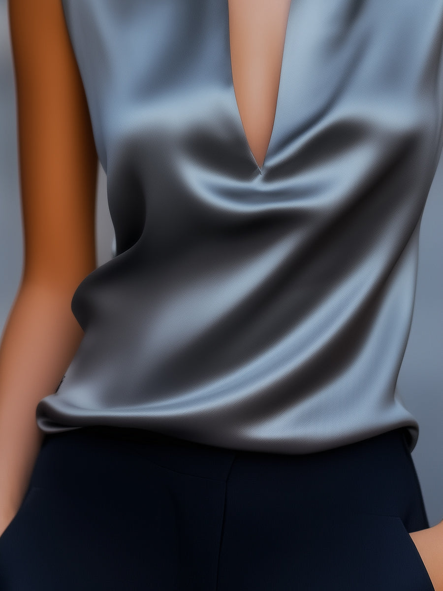 Sleek Gray Satin Plunge Neck Top