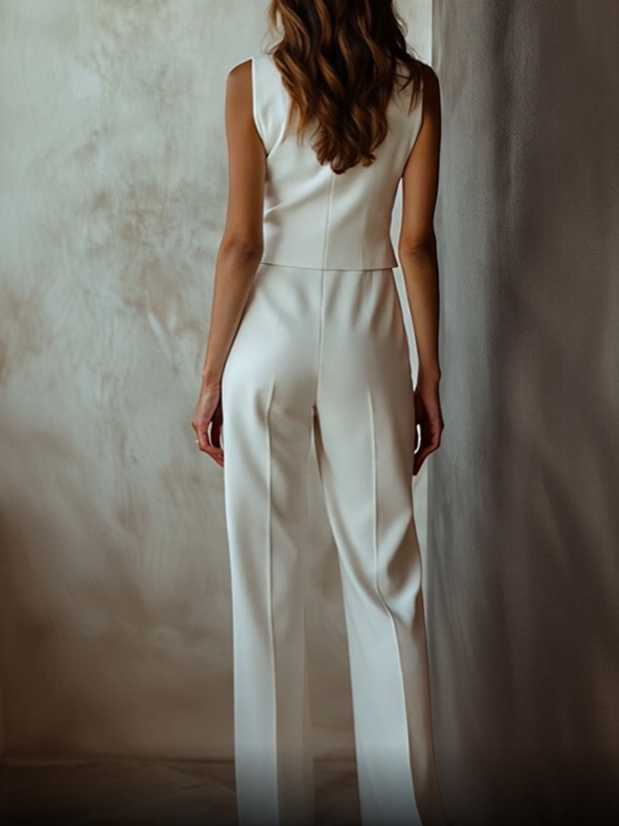 Elegant White Sleeveless Blazer with Matching Straight-Leg Pants