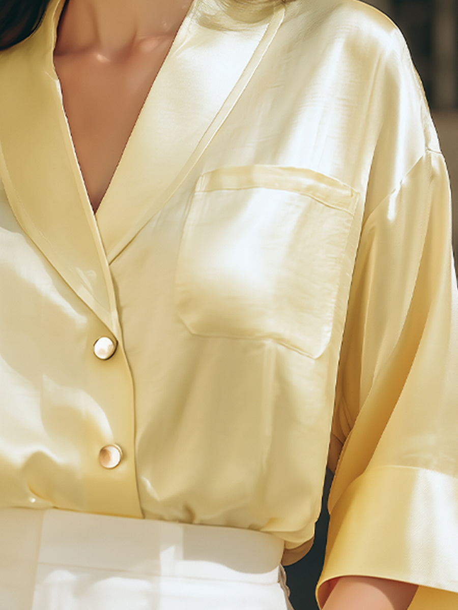 Soft Yellow Satin Wrap-Style Blouse With Relaxed Sleeves