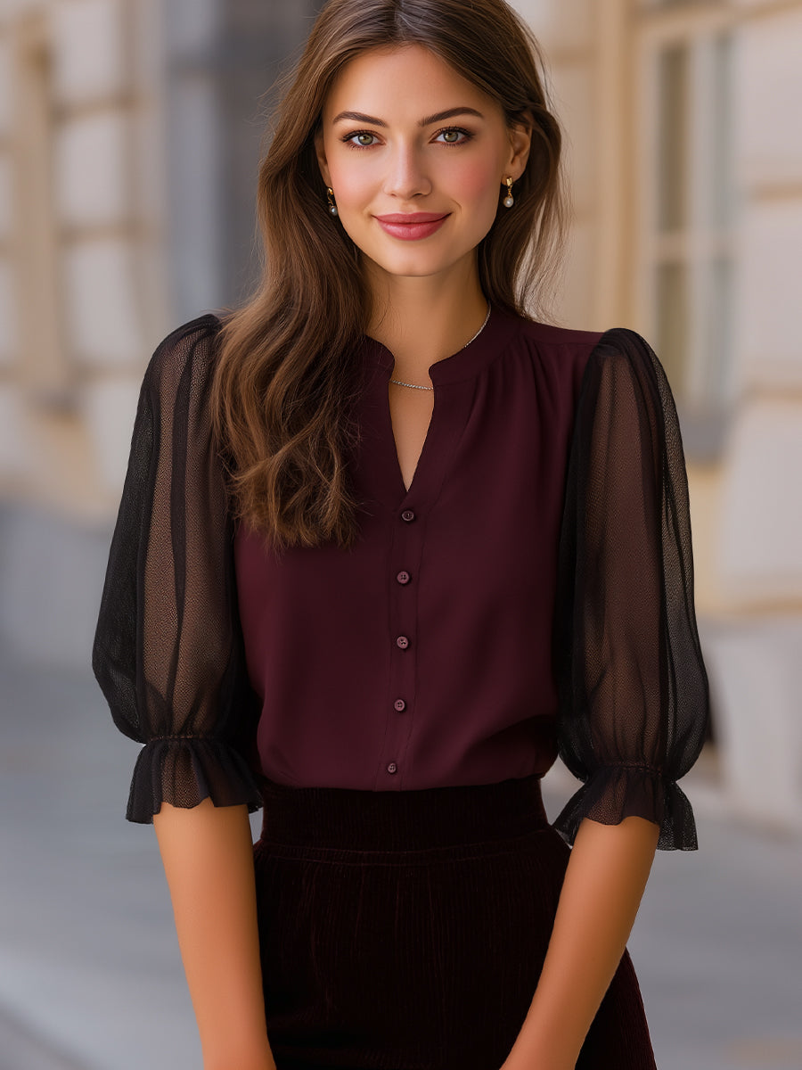Sheer Puff Sleeve Button-Up Blouse