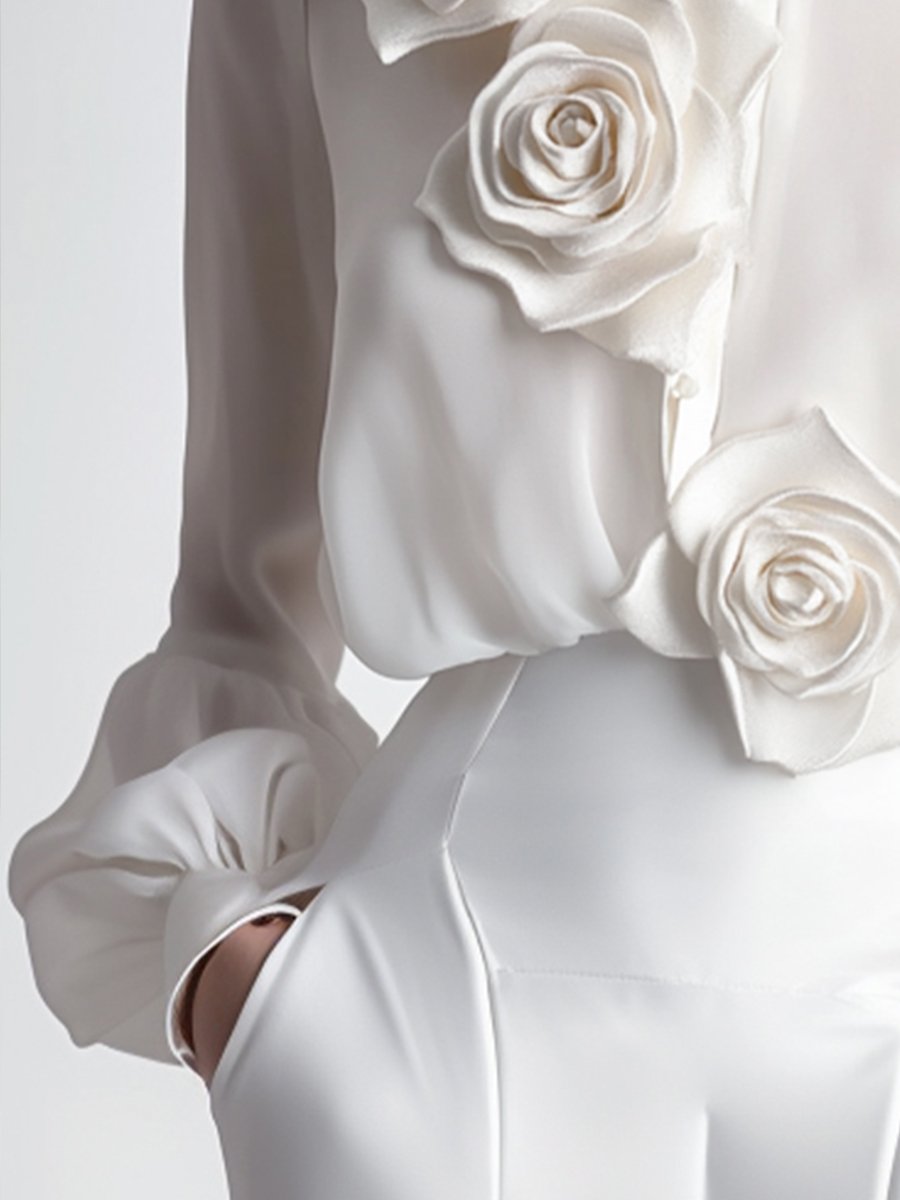 Modern White Blouse with 3D Rose Accents