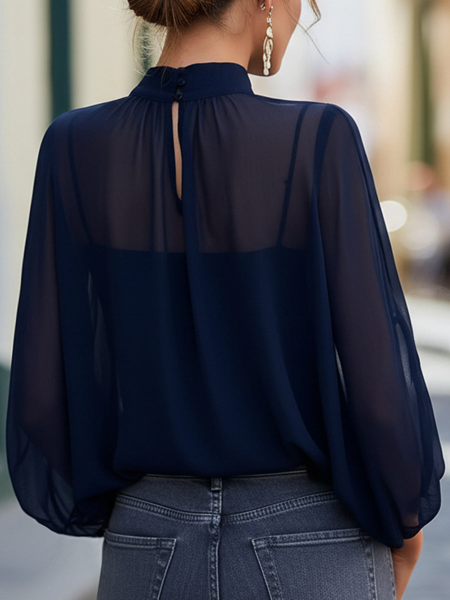 Sheer High-Neck Chiffon Blouse With Soft Pleated Yoke