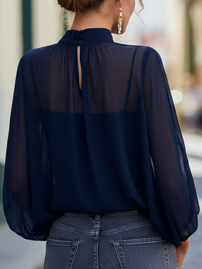 Sheer High-Neck Chiffon Blouse With Soft Pleated Yoke