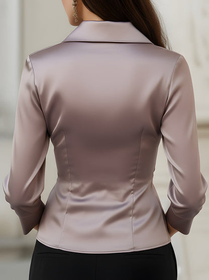 Satin Asymmetric Draped Wrap Blouse
