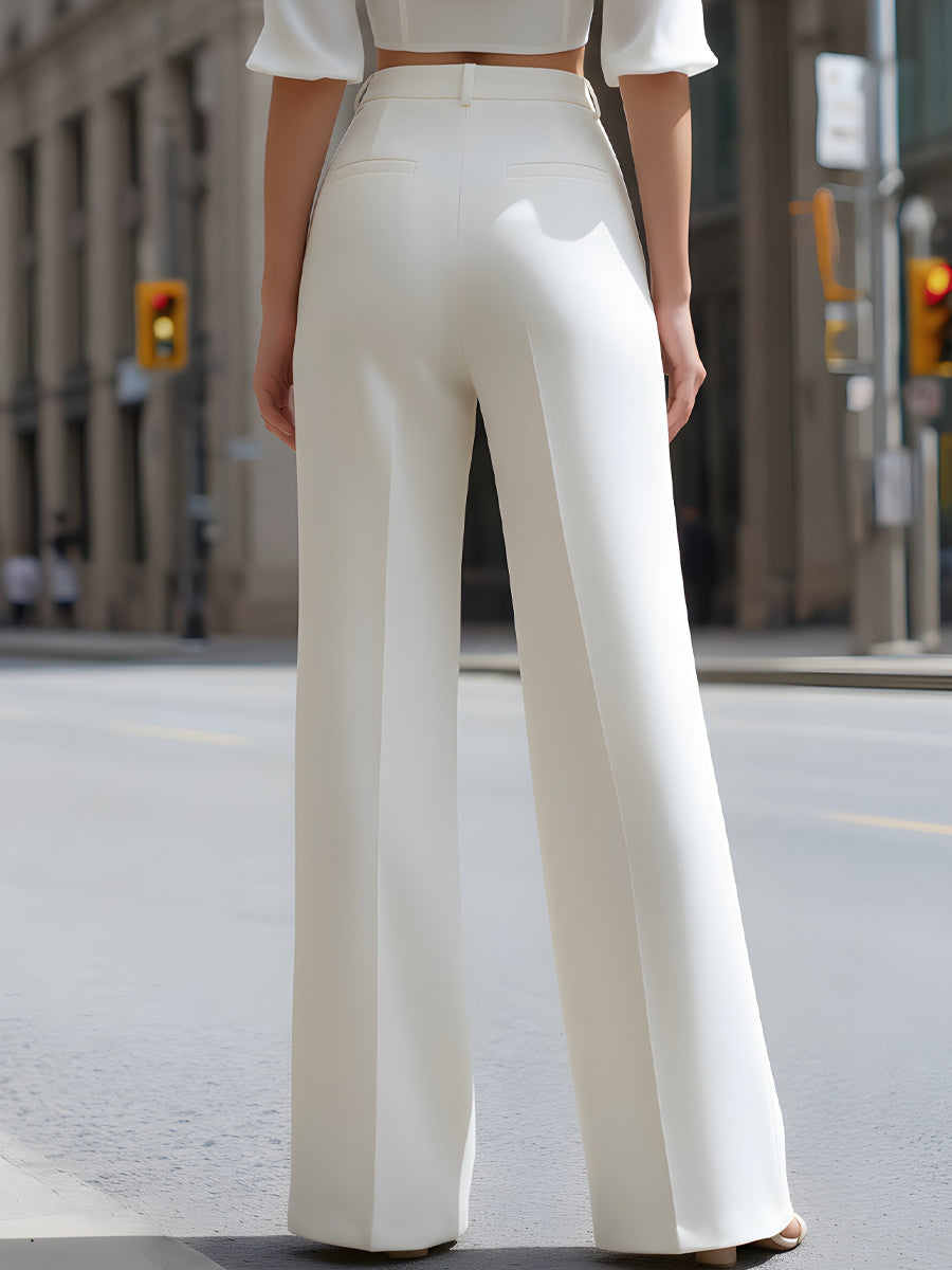 Pearl-Detail High-Waist Wide-Leg Tailored Trousers