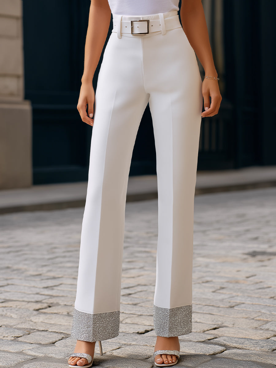 Metallic-Panel High-Waist Tailored Straight-Leg Trousers