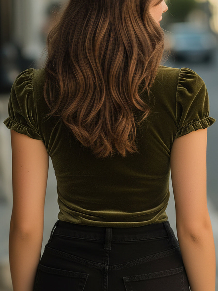 Puff Sleeves Velvet Lace-Trim High-Neck Top