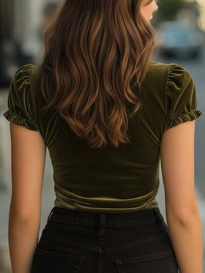 Puff Sleeves Velvet Lace-Trim High-Neck Top