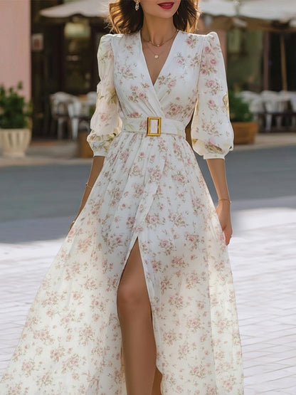 Romantic Floral Chiffon Maxi Dress With Belted Waist