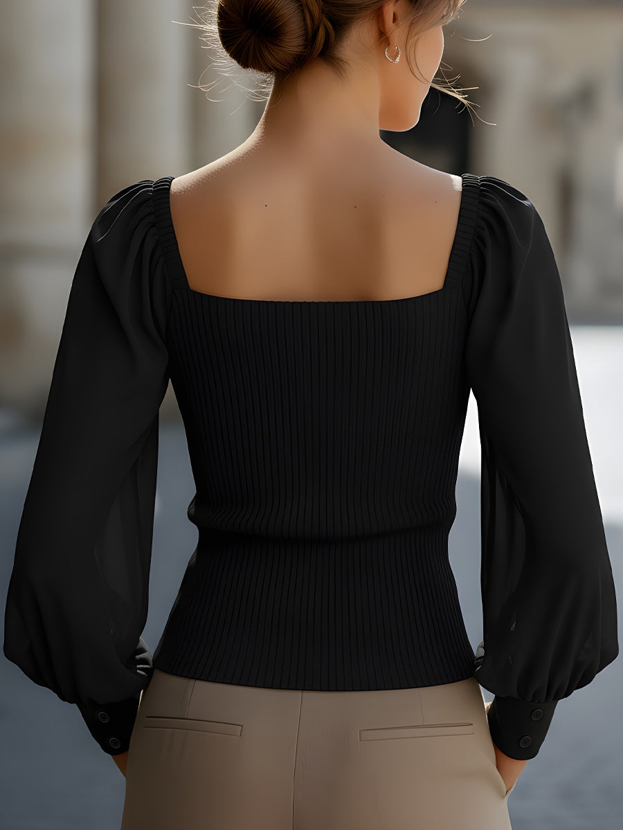 Ribbed Knit Top With Chiffon Balloon Sleeves