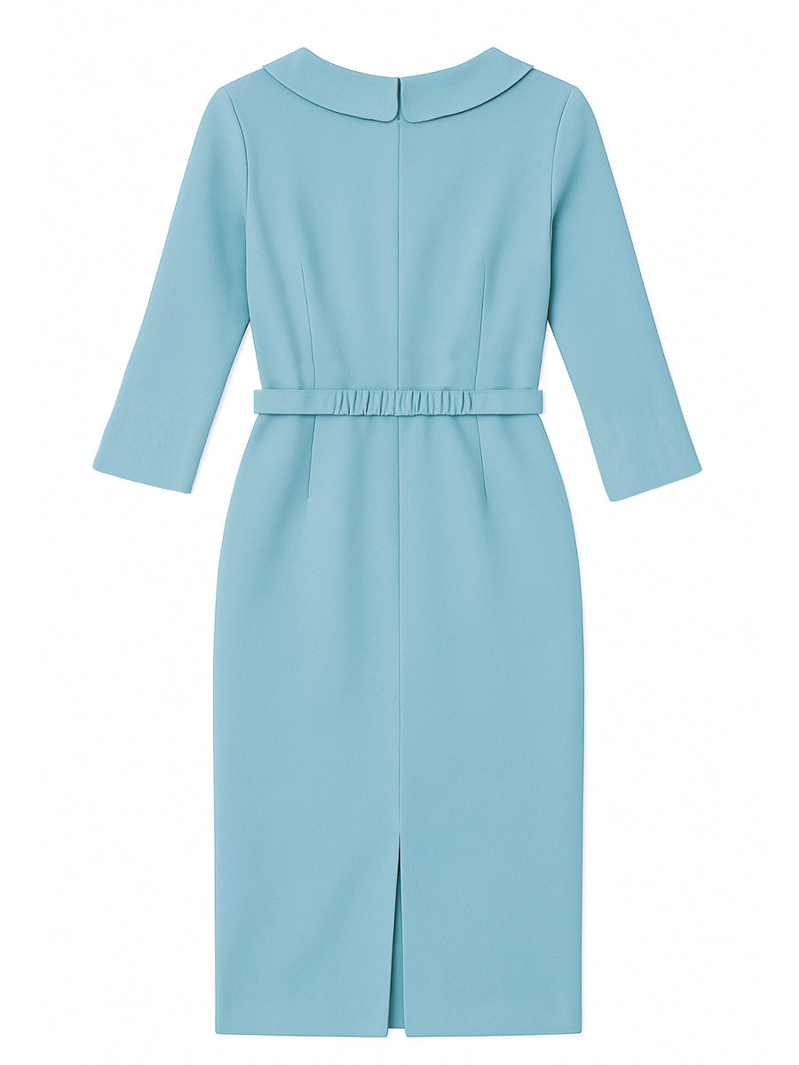 Draped Collar Pencil Midi Dress In Powder Blue