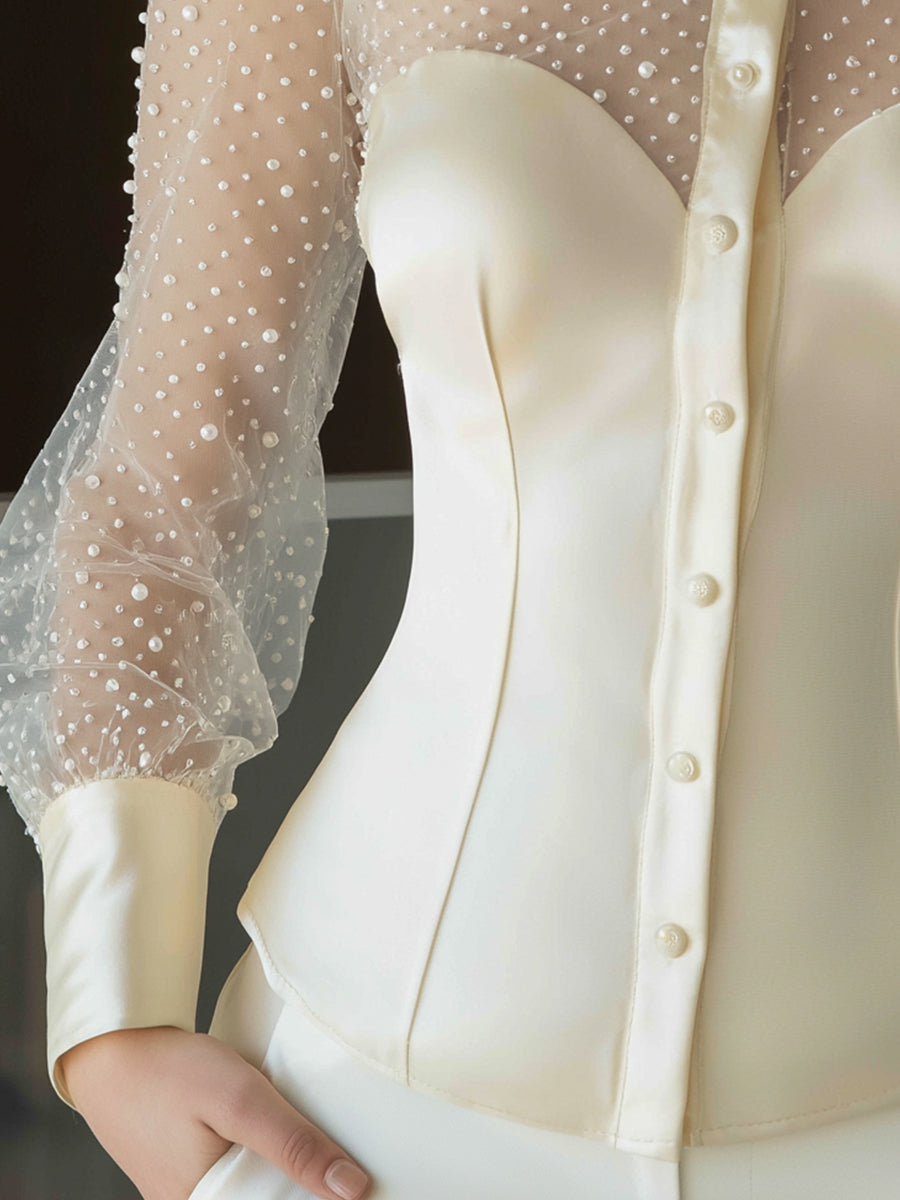 Pearl-Embellished Sheer Sleeve Structured Blouse