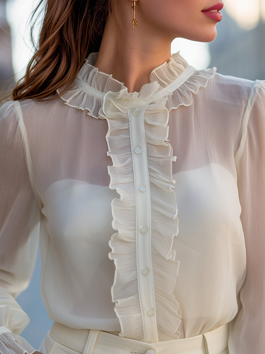 Ruffled Sheer High-Neck Chiffon Blouse