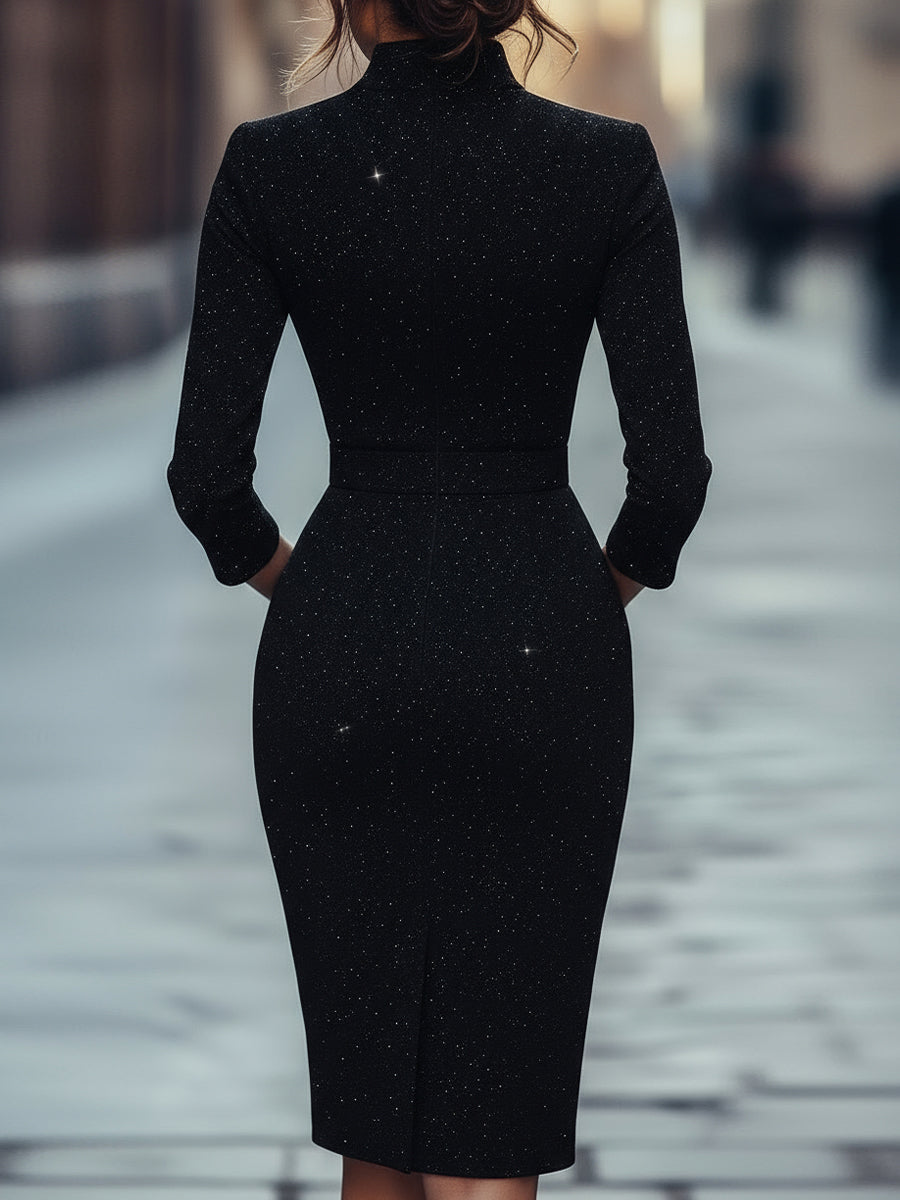 Refined Black Belted Sheath Dress with Mandarin Collar