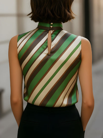 Striped Satin High-Neck Sleeveless Blouse