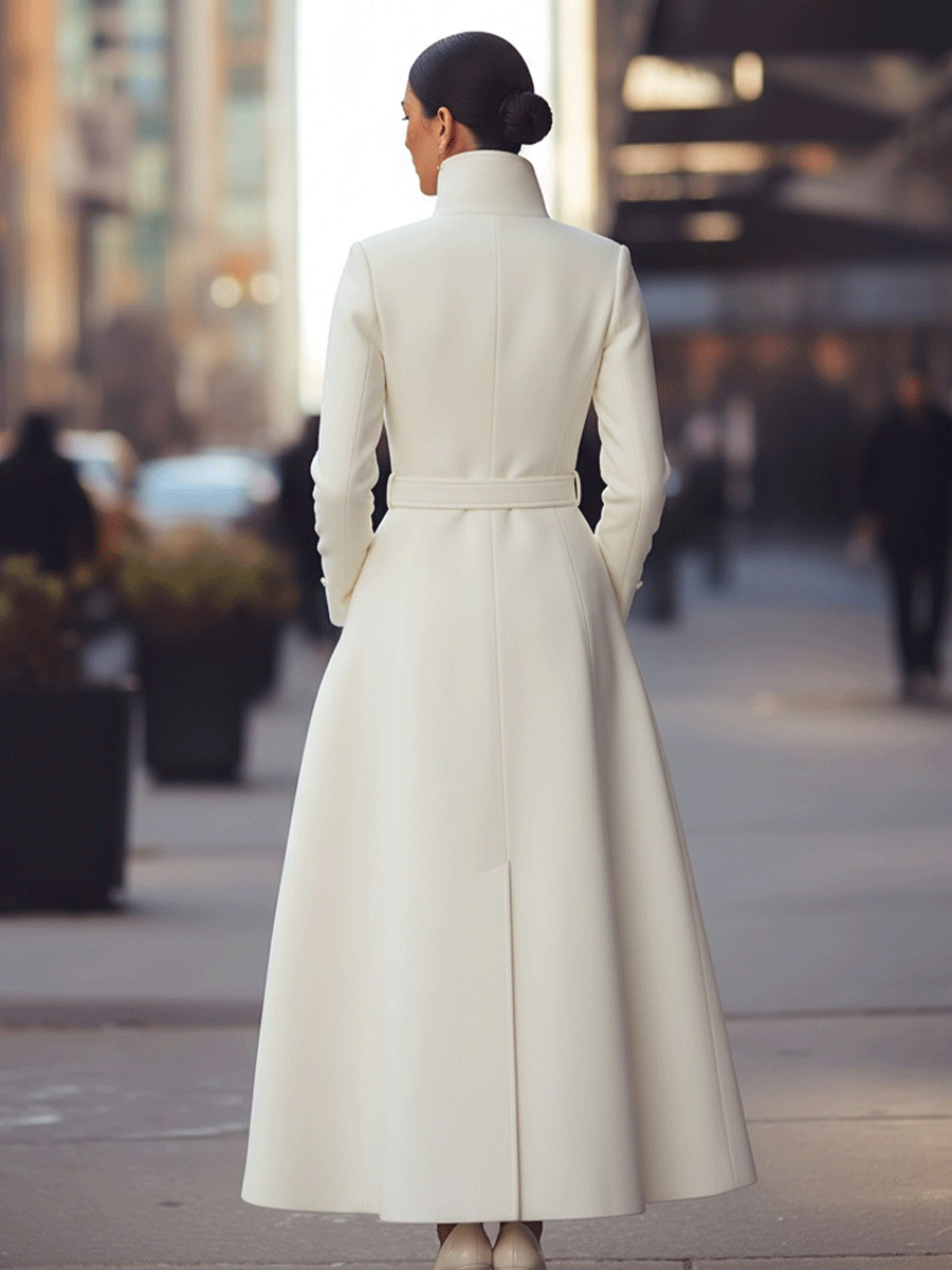 Regal White Military-Inspired Wool Coat