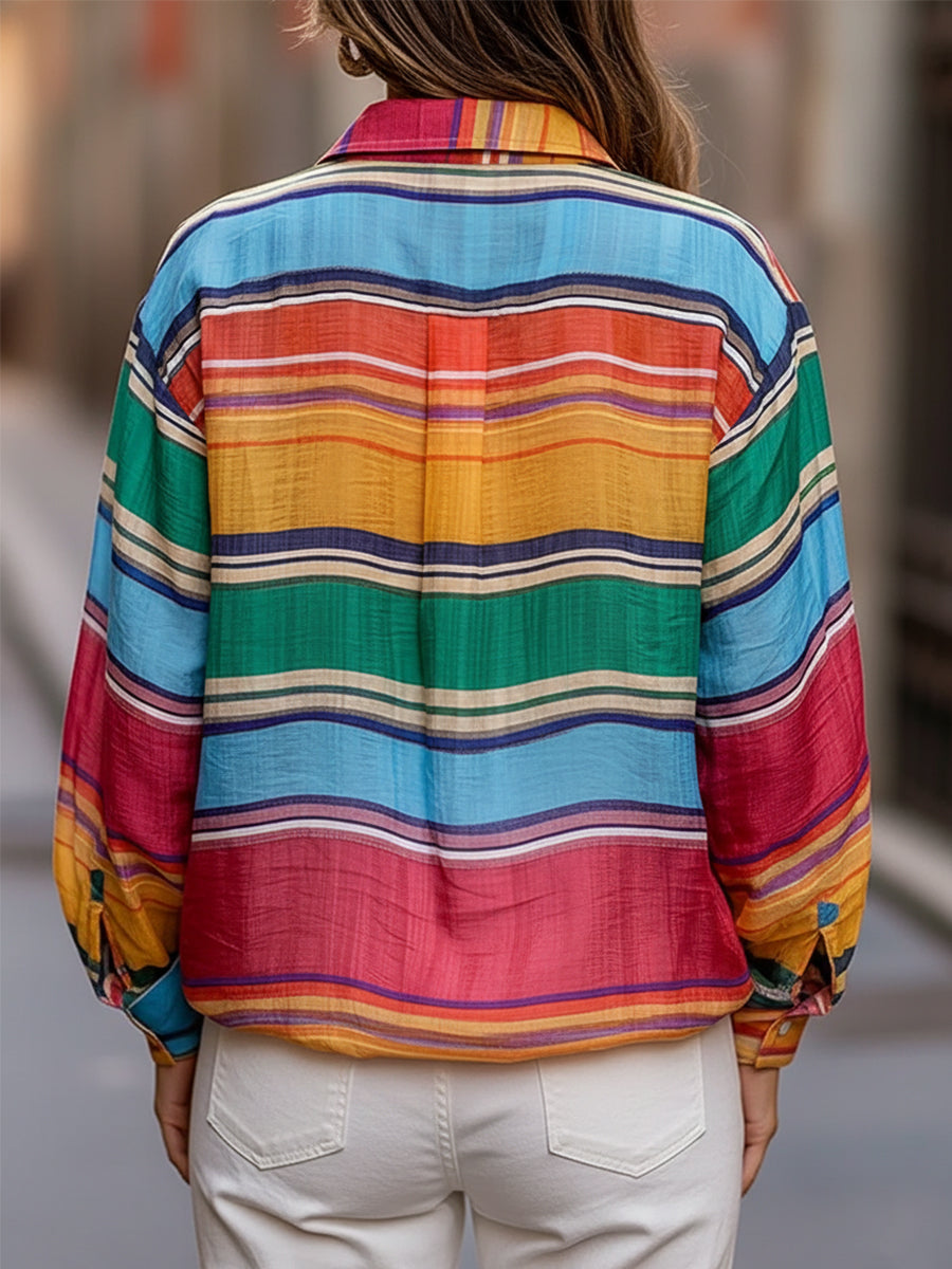 Chic Shirt Collar Rainbow Stripes Linen Blouse
