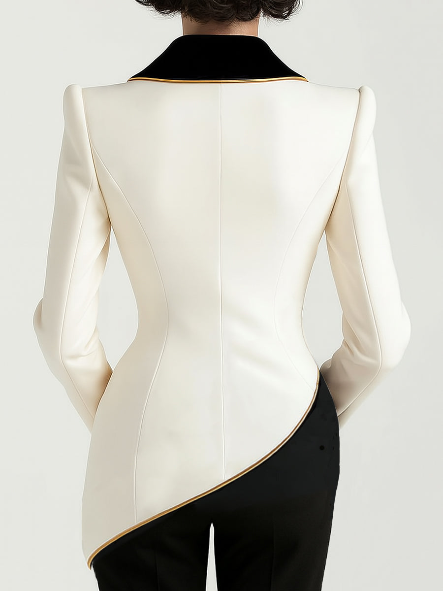 Elegant Asymmetrical White Blazer with Black Contrast Lapels