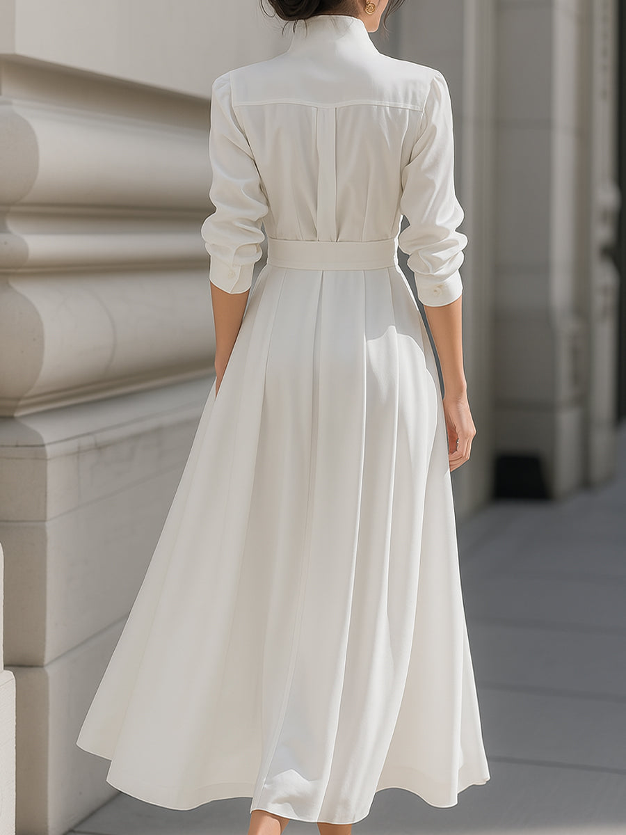 Elegant Plain Belted Shirt Dress With Pleated Skirt