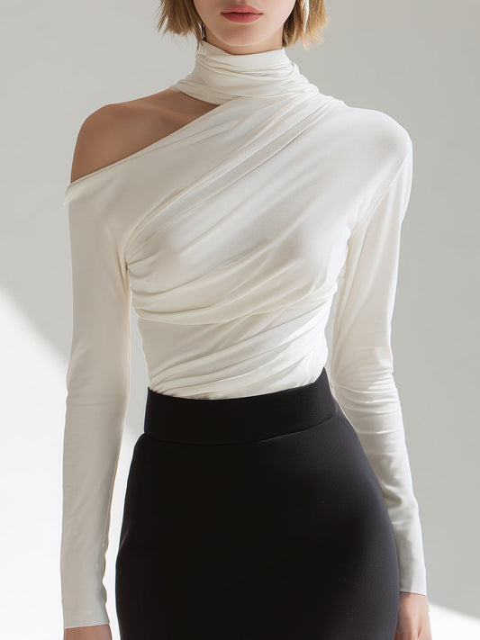 Asymmetric Draped High-Neck Long Sleeve Top