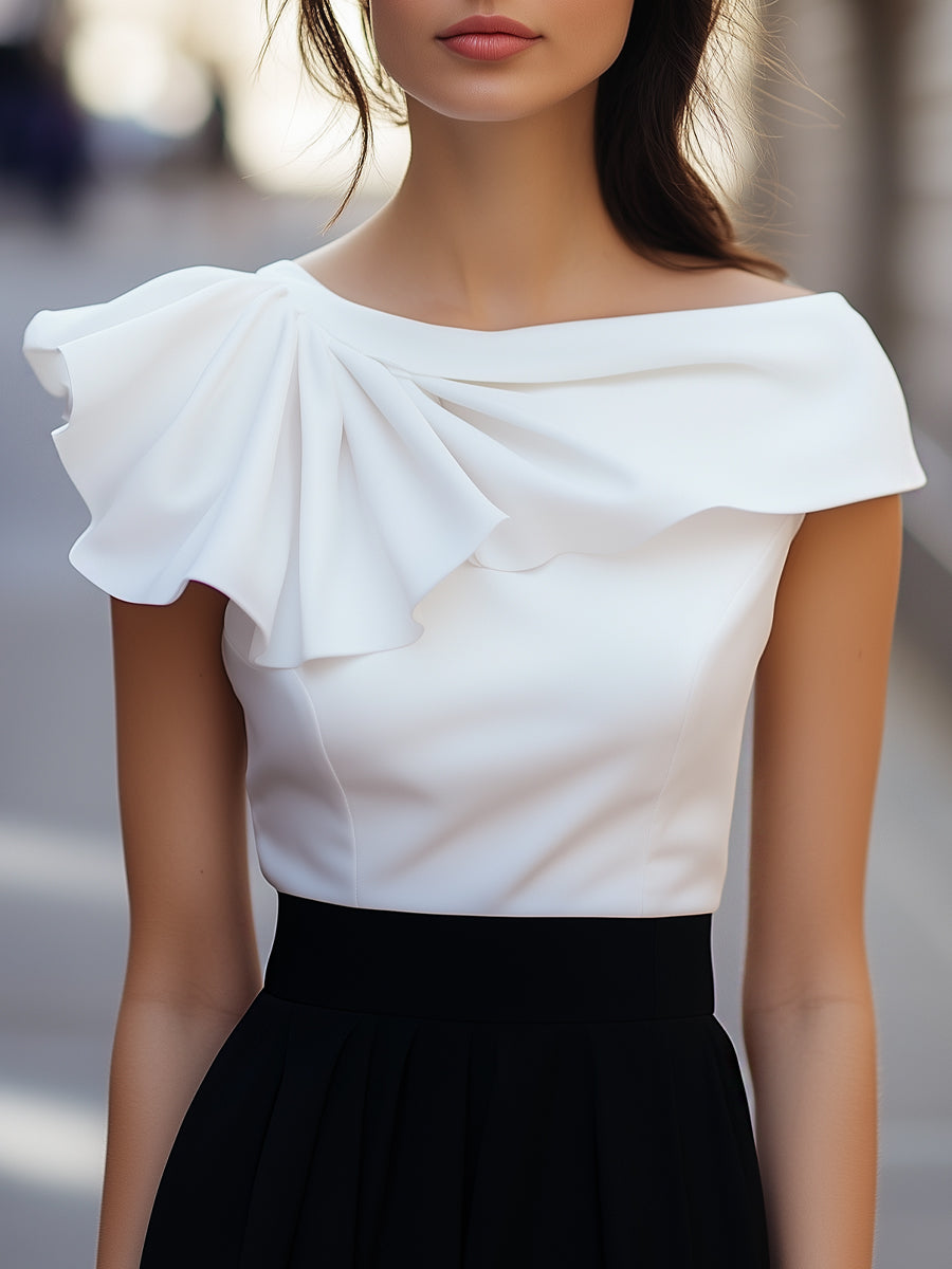 Chic Asymmetric Ruffle Blouse with Boat Neck