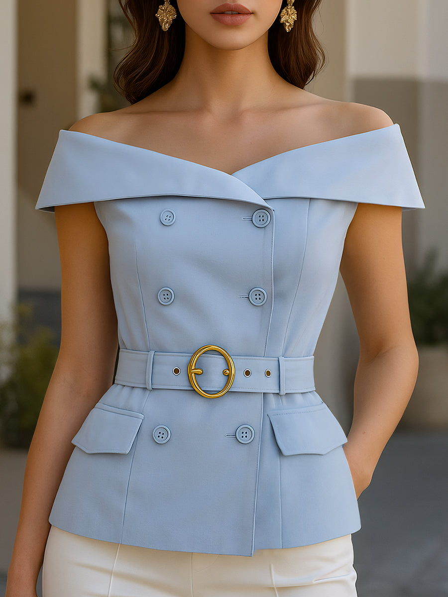 Elegant Off-Shoulder  Belted Blazer Top