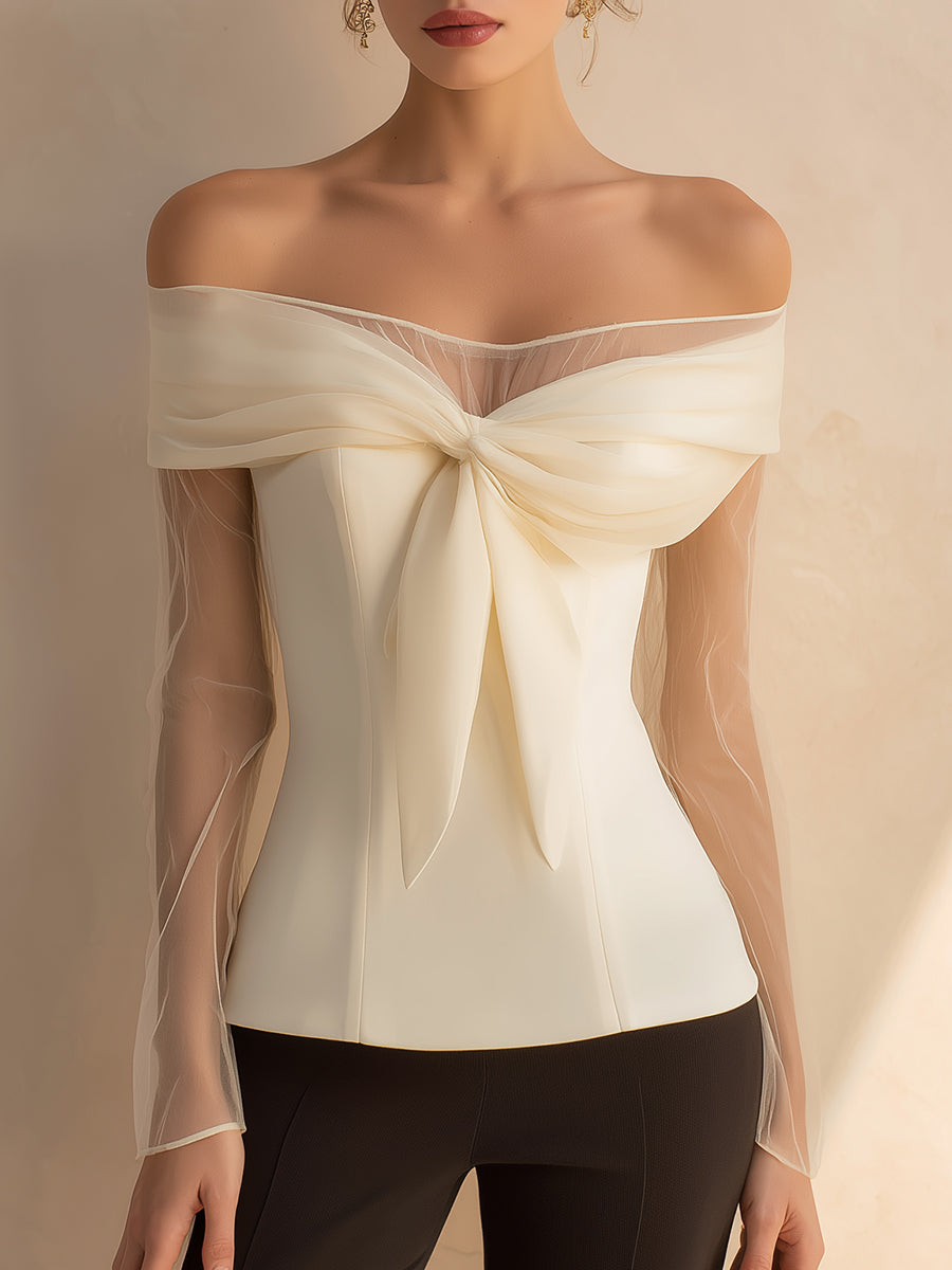 Off-Shoulder Bow Detail Top With Sheer Sleeves
