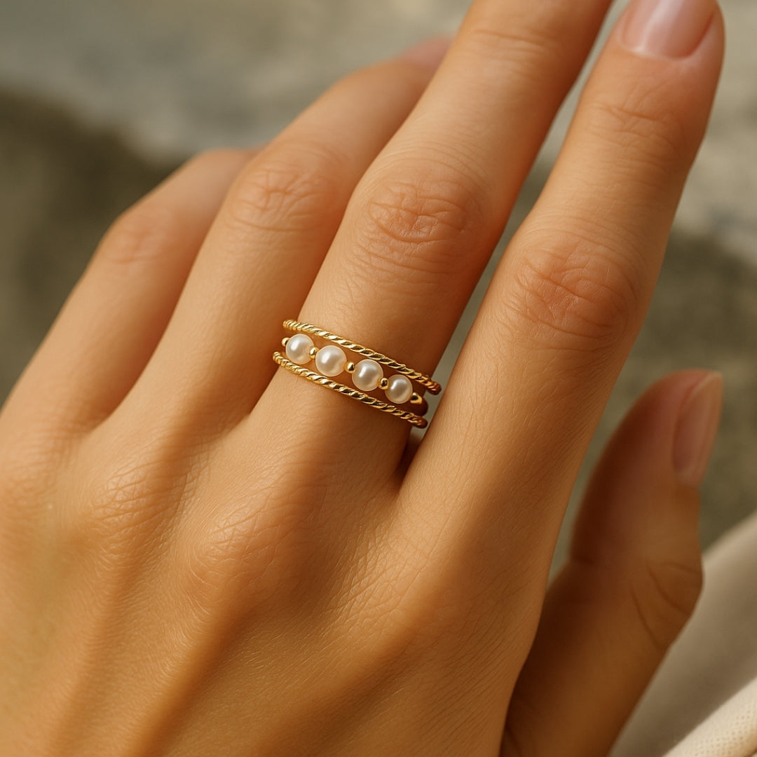 Adjustable Pearl Trail Braided Gold Ring