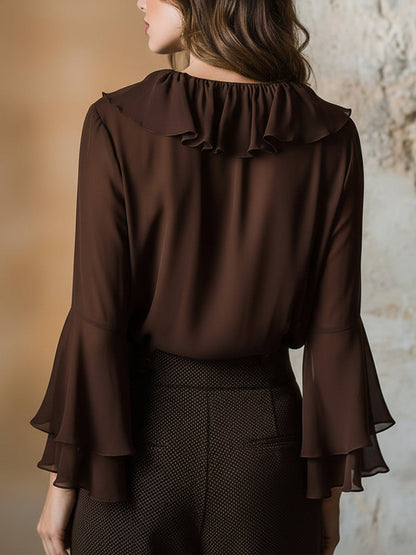 Ruffled V-Neck Long Sleeve Chiffon Blouse