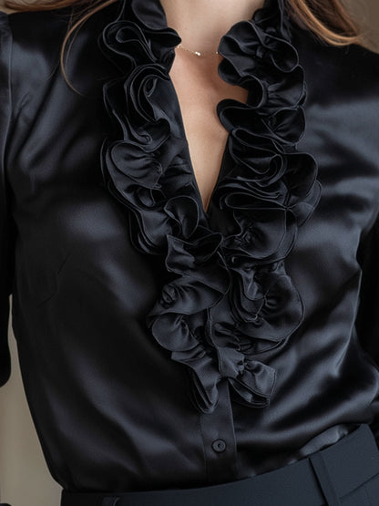 Black Satin Ruffled V-Neck Long Sleeve Blouse