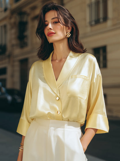 Soft Yellow Satin Wrap-Style Blouse With Relaxed Sleeves