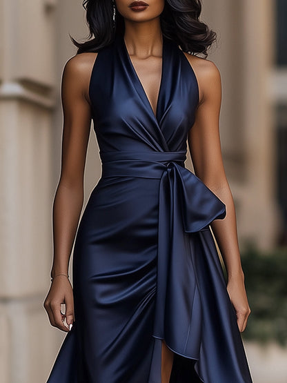 Midnight Elegance Satin Halter Ruffle Gown