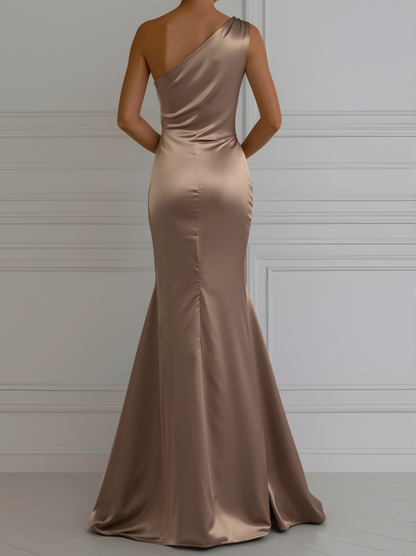 Champagne Satin One-Shoulder Gown
