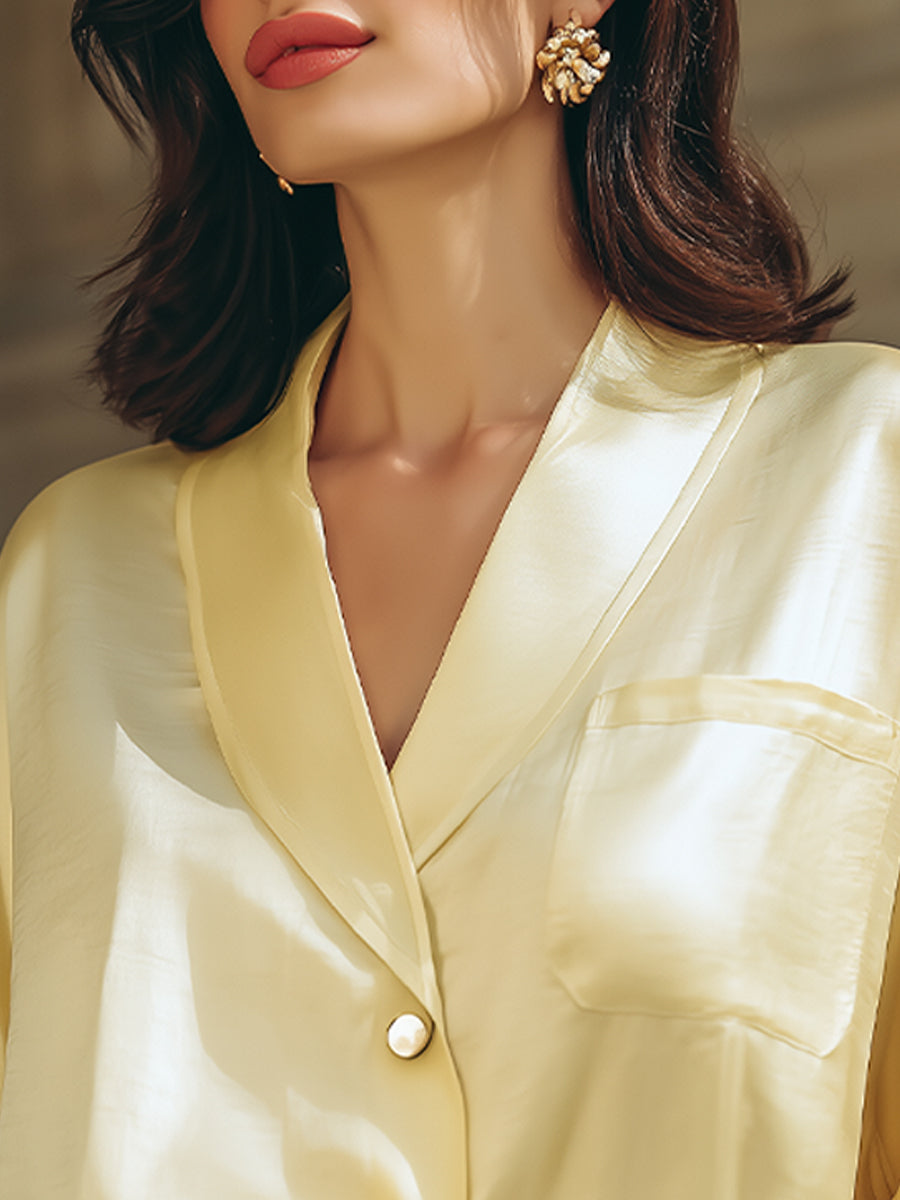 Soft Yellow Satin Wrap-Style Blouse With Relaxed Sleeves