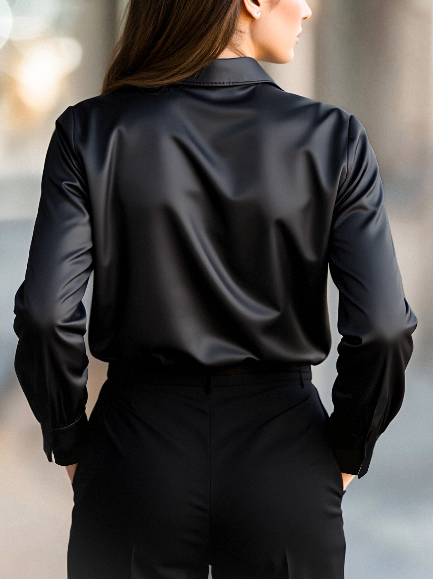 Elegant Black Satin Long Sleeves Blouse
