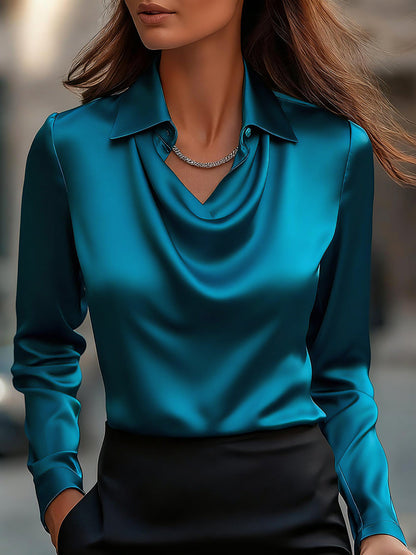 Elegant White Satin Blouse with Draped Neckline