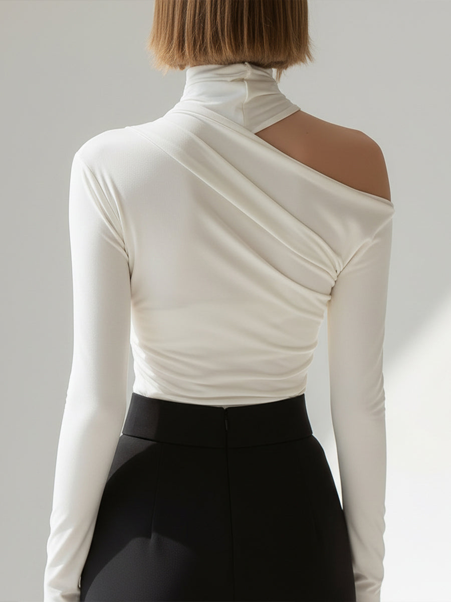 Asymmetric Draped High-Neck Long Sleeve Top