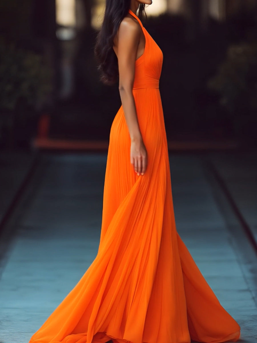 V-neck Halter Pleat Maxi Dress