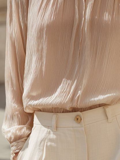 Apricot Crinkled Chiffon Long Sleeve Split Neck Blouse