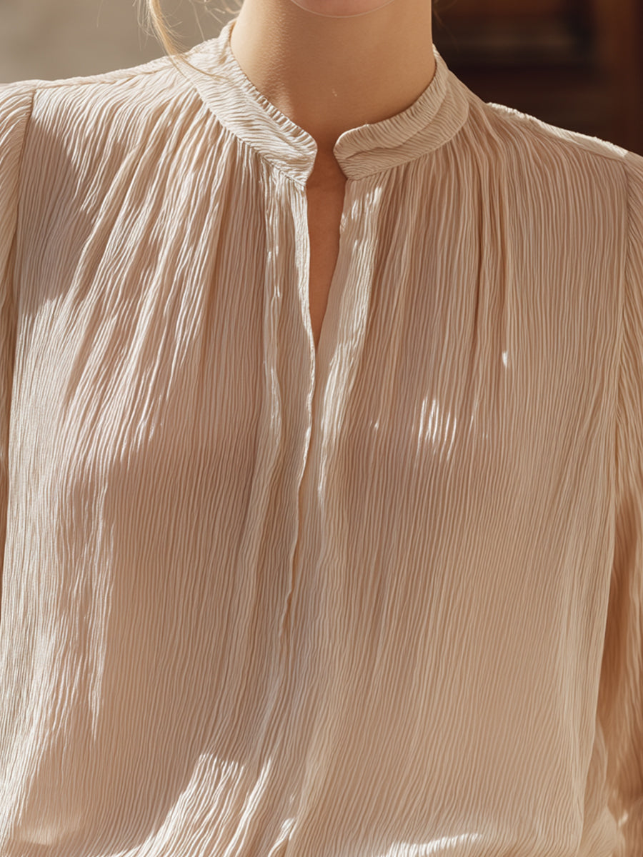 Apricot Crinkled Chiffon Long Sleeve Split Neck Blouse