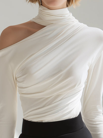 Asymmetric Draped High-Neck Long Sleeve Top