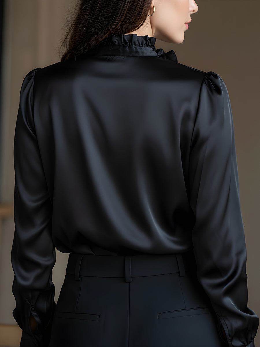 Black Satin Ruffled V-Neck Long Sleeve Blouse
