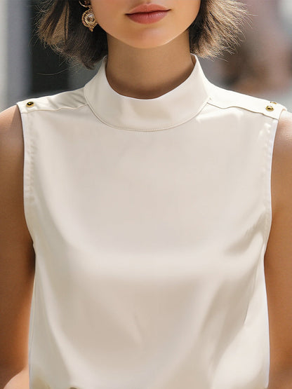 Elegant Ivory High-Neck Sleeveless Satin Blouse
