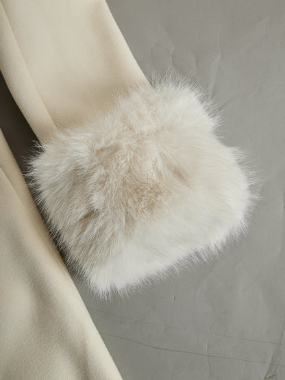 Ivory Flared Coat With Faux Fur Collar And Cuffs