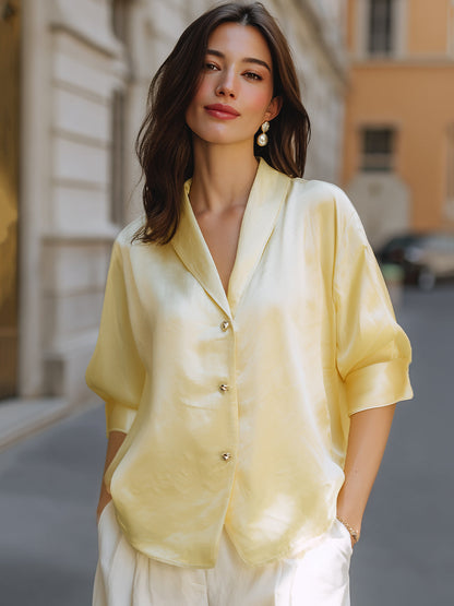 Elegant Soft Yellow Satin Button-Front Blouse With Relaxed Silhouette