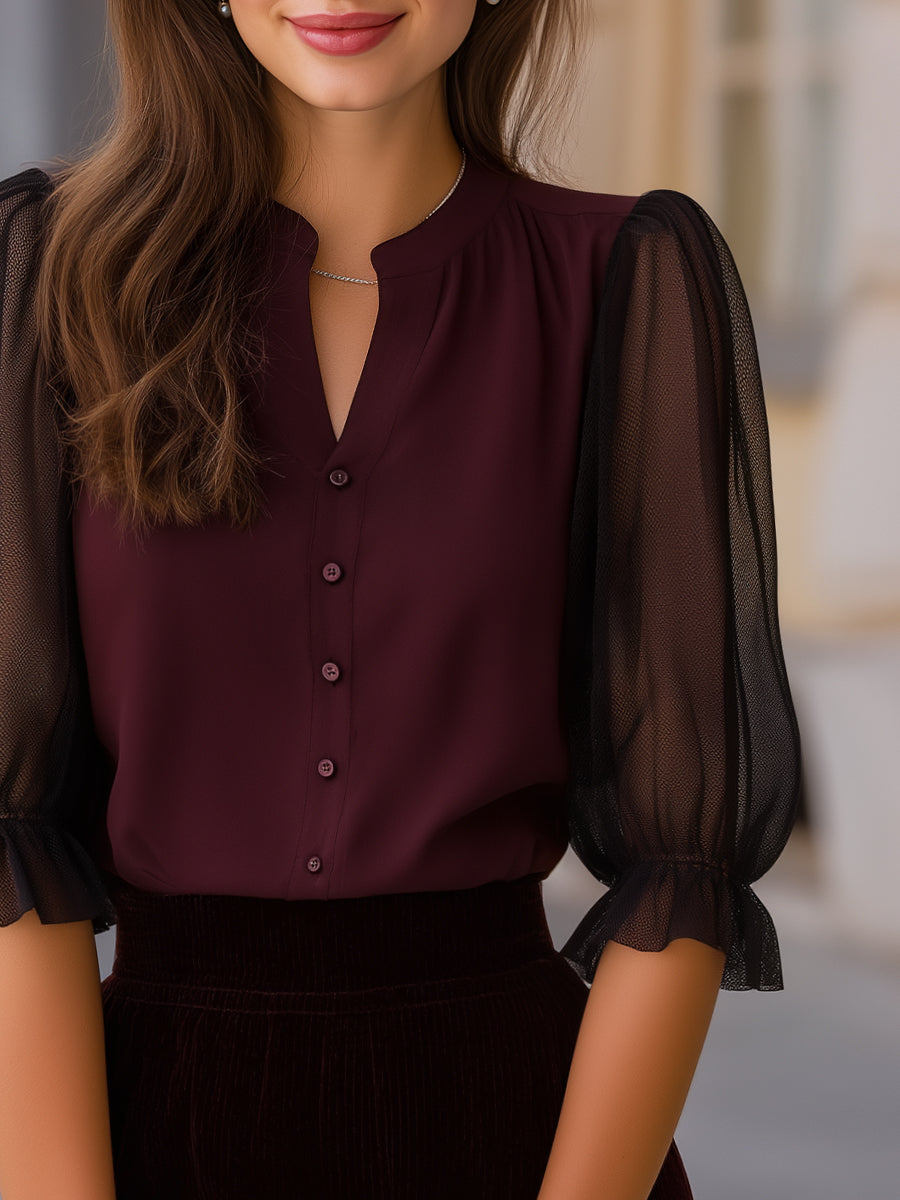 Sheer Puff Sleeve Button-Up Blouse