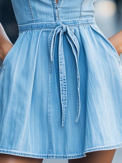 Light Wash Halter Denim Flare Dress
